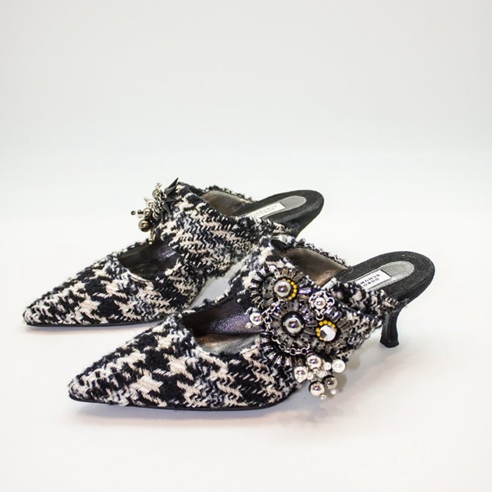 NWOT Dorothee Schumacher checker tweed heeled mules pumps black gray 38